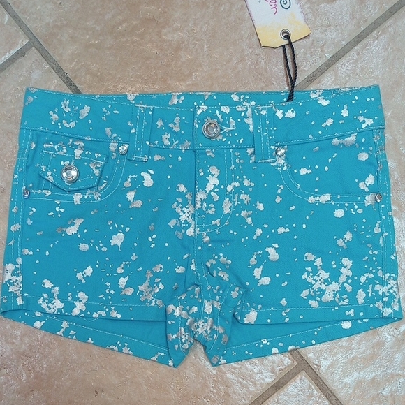DramaTween Other - Drama Twen Turquoise Metallic-Splatter Denim Shorts